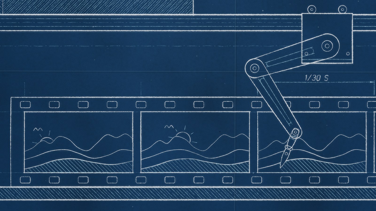 Detail of the blueprint: a pen arm ruling the third frame of a film strip, the first two already drawn, with a 1/30 s dimension above
