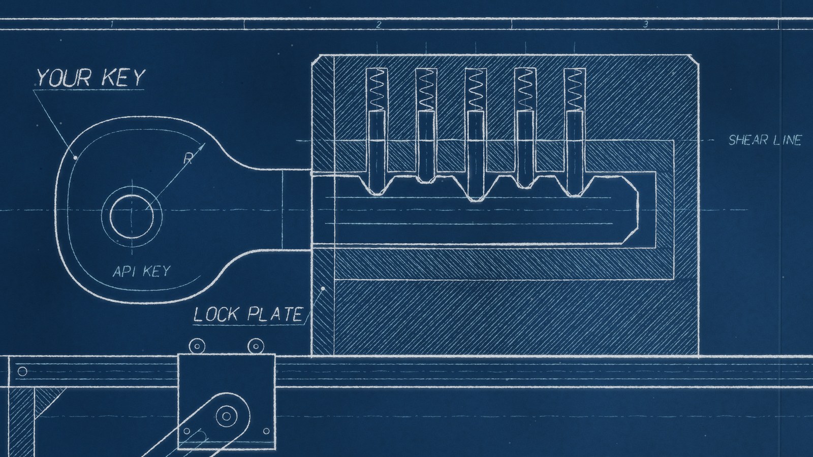 Detail of the blueprint: an API key seated in a sectioned lock, its five pins resting at the shear line