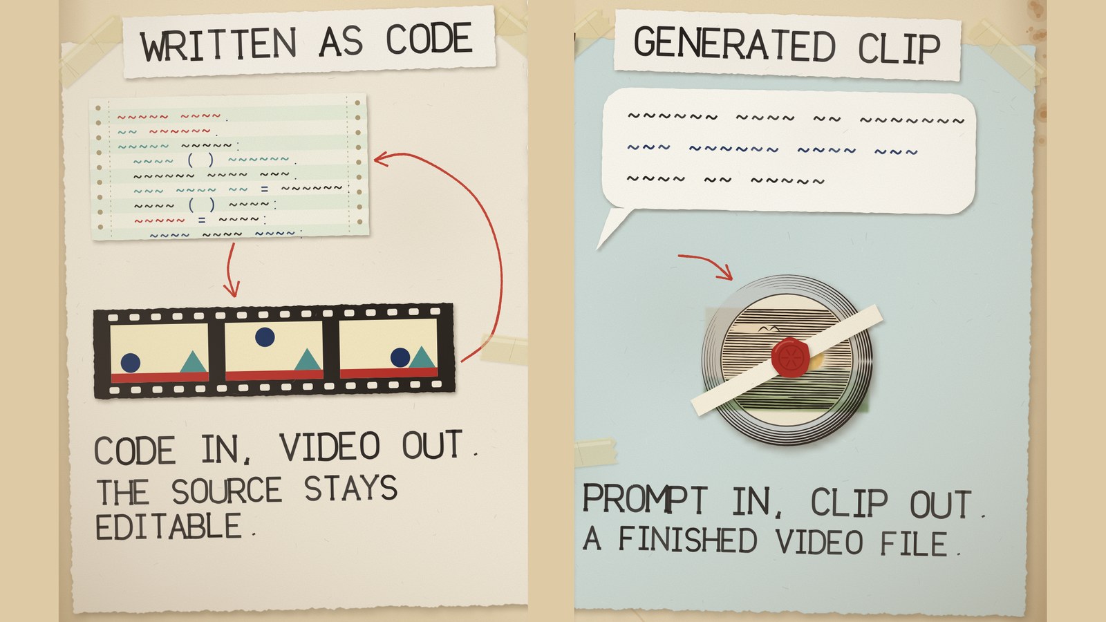 Detail of the plate: a card headed WRITTEN AS CODE, with a printout of code, a film strip and a red arrow looping back to the code, beside a card headed GENERATED CLIP, with a prompt bubble and a sealed reel