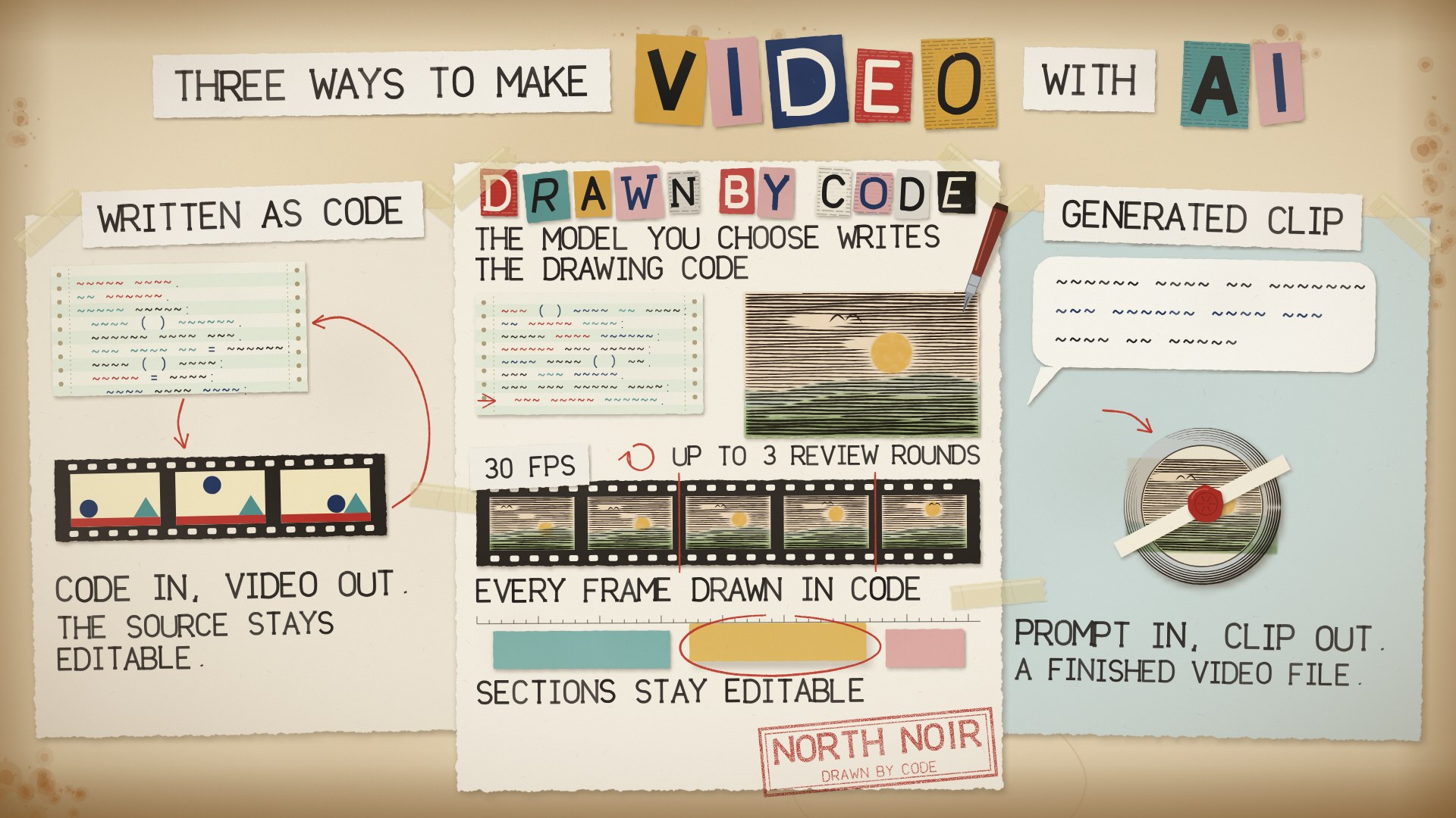 Fig. 1: Three ways to make video with AI, on one plate that is itself drawn in code: written as code, generated as a clip, and drawn by code.