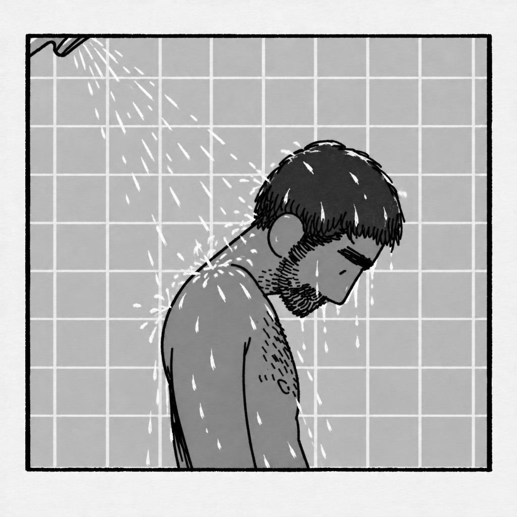 Generated frame: the man awake with his hand on the alarm clock, brow furrowed, drawn in charcoal