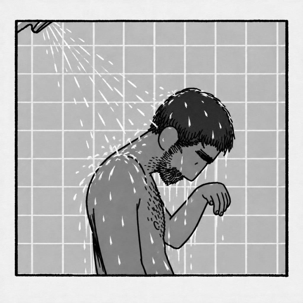 Generated frame: the man propped on one elbow silencing the alarm clock, drawn in charcoal